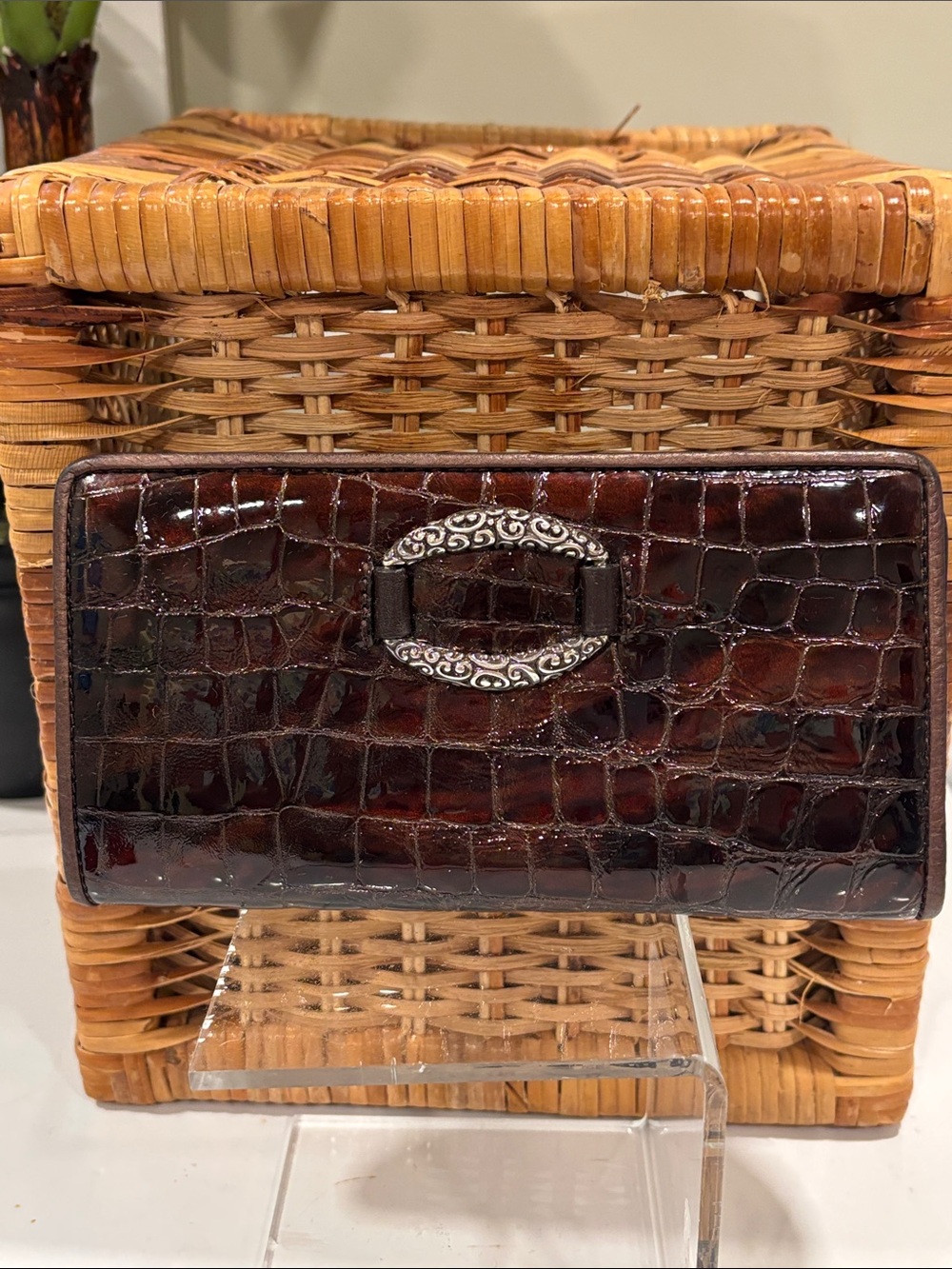 Brighton Cher Dark Brown Croc-Embossed Patent Leather Wallet